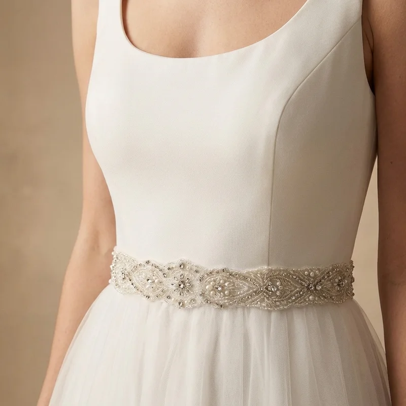 Scoop Neck Tulle Princess Wedding Dress with Beaded Belt - 3