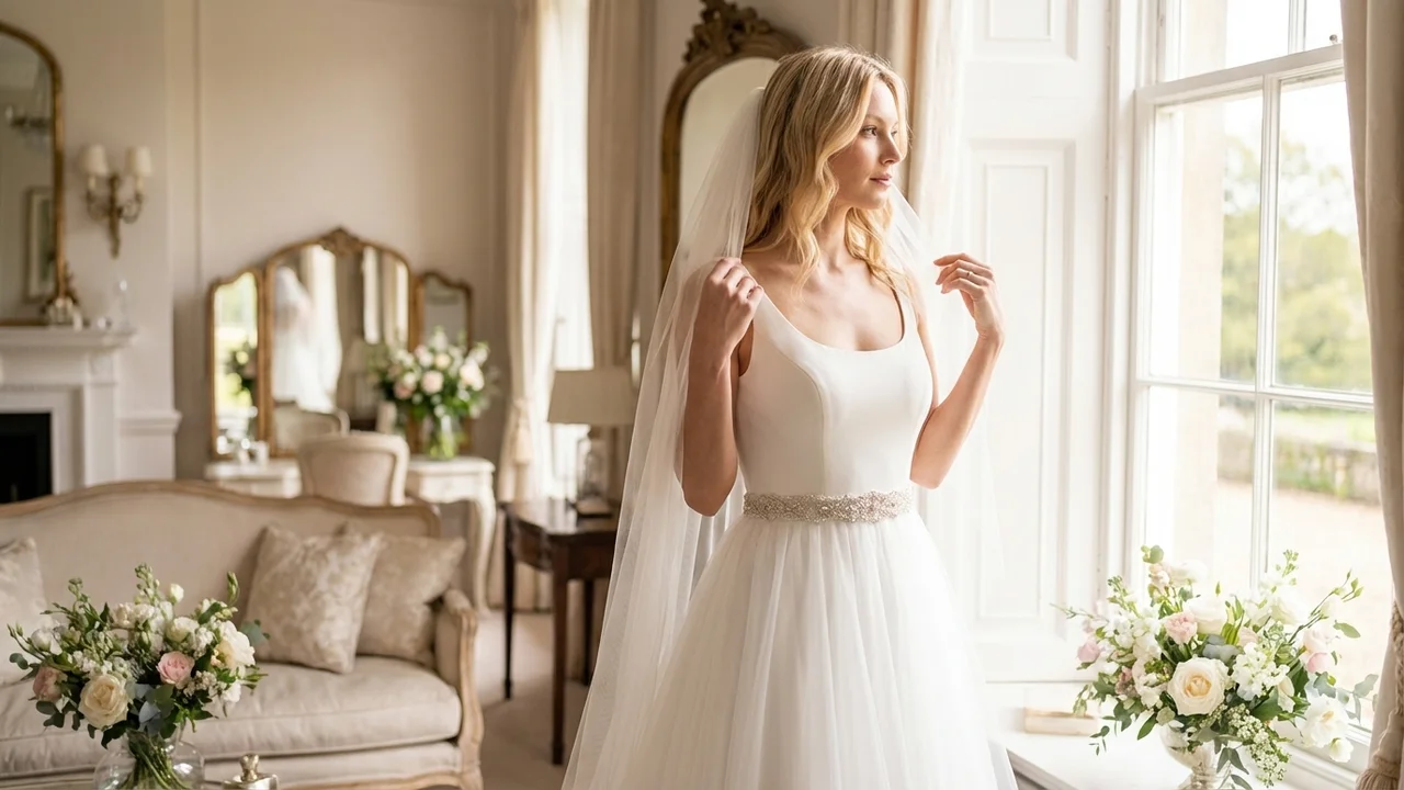 Scoop Neck Tulle Princess Wedding Dress with Beaded Belt - 5