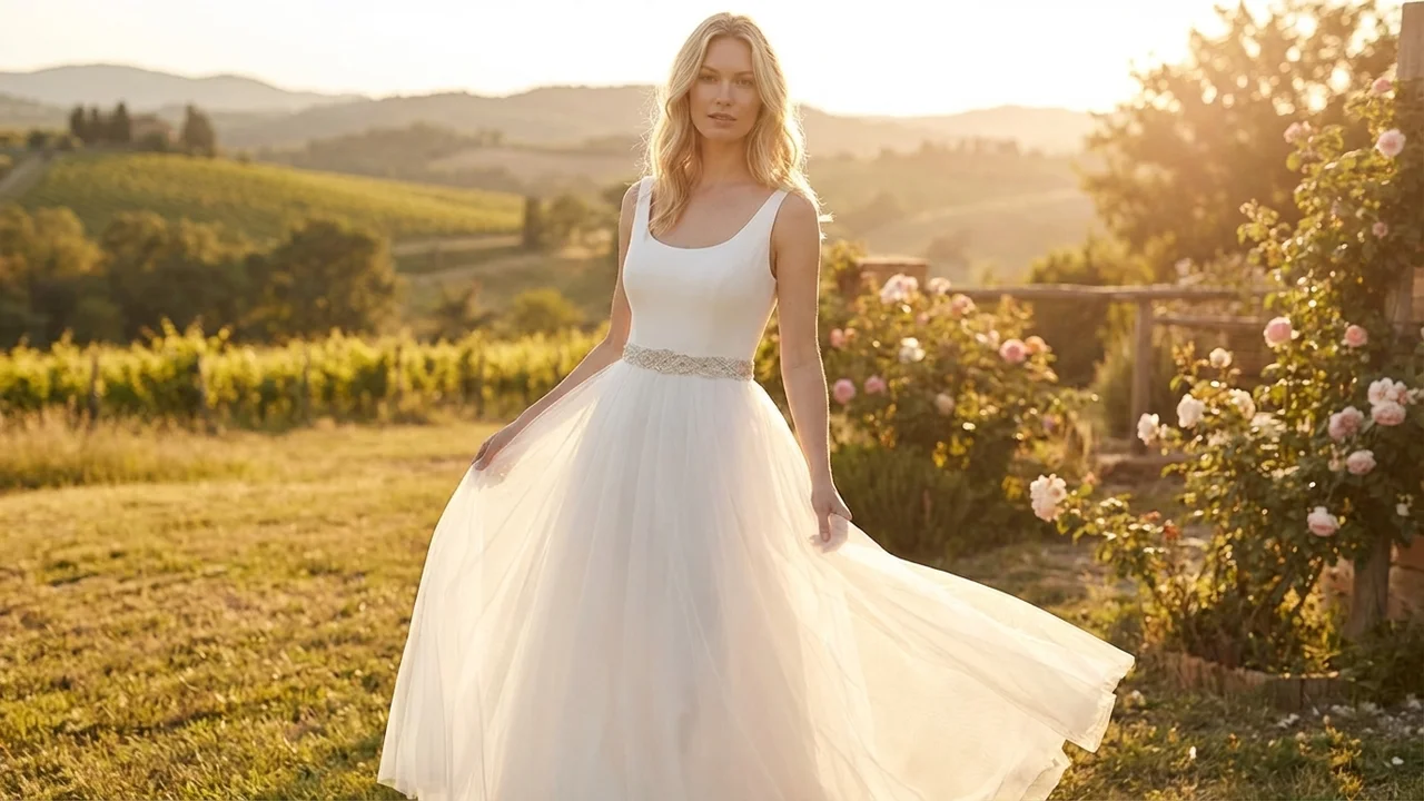 Scoop Neck Tulle Princess Wedding Dress with Beaded Belt - 6