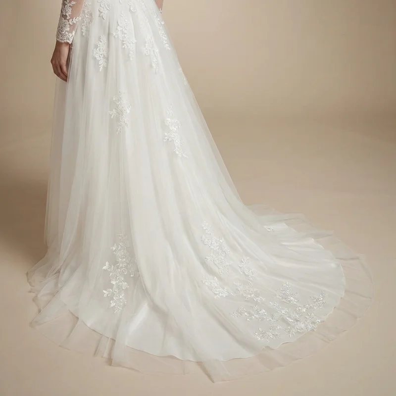 Illusion Lace Sheer Sleeve Wedding Dress - 4