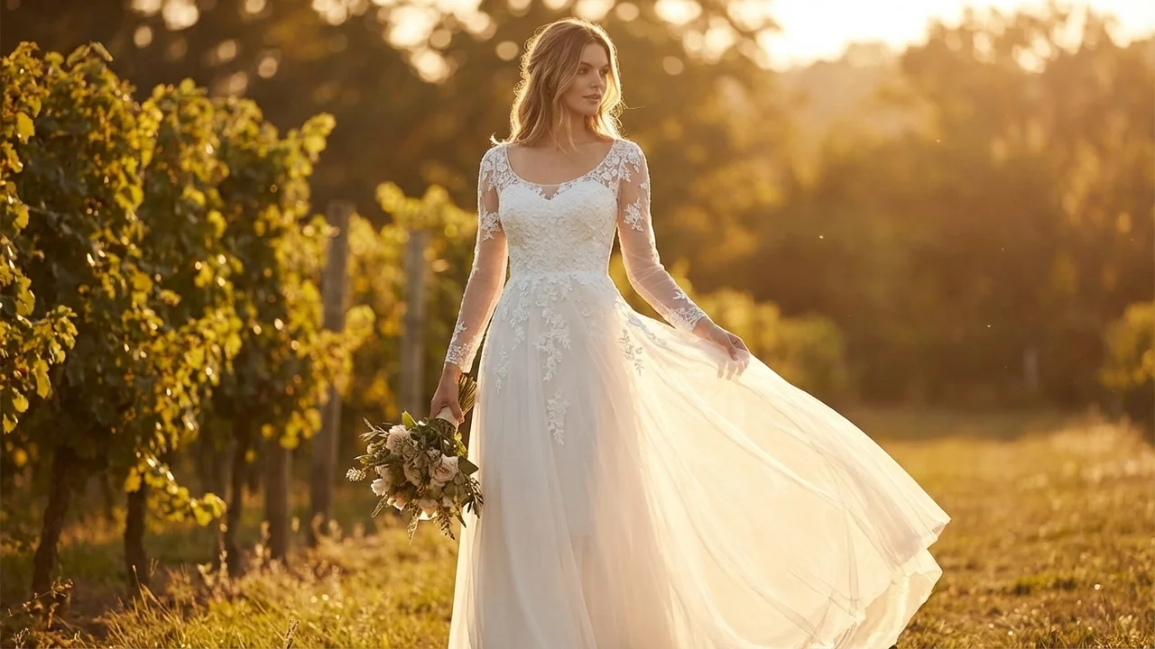 Illusion Lace Sheer Sleeve Wedding Dress - 6