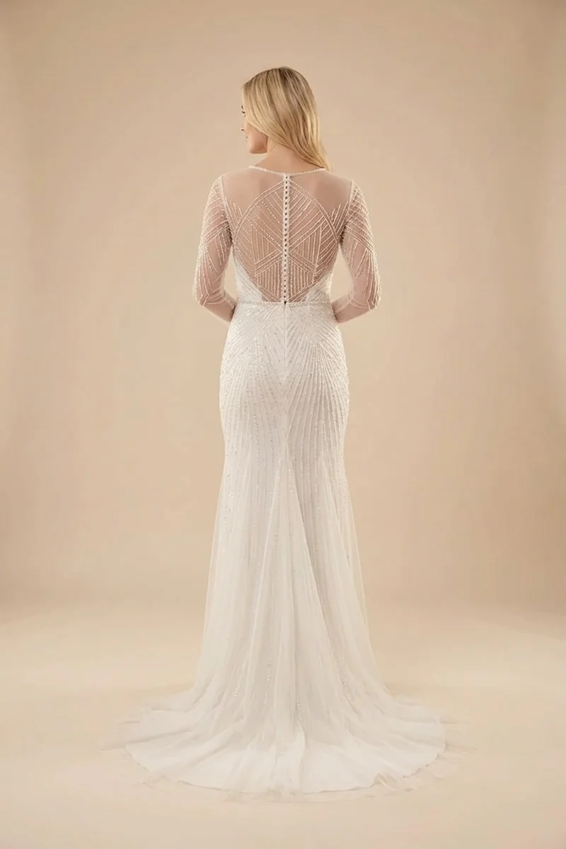 Beaded Sheer Sleeve Fitted Wedding Dress - 2