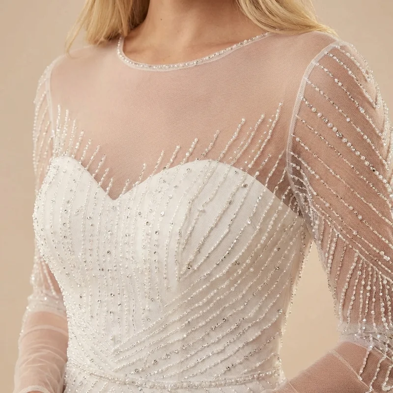 Beaded Sheer Sleeve Fitted Wedding Dress - 3