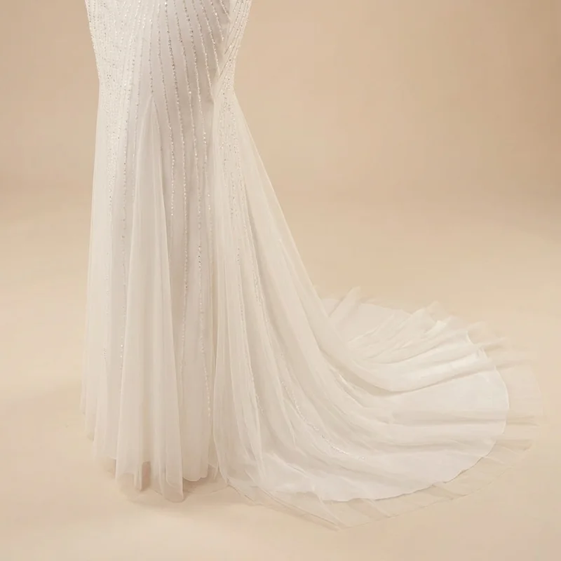 Beaded Sheer Sleeve Fitted Wedding Dress - 4