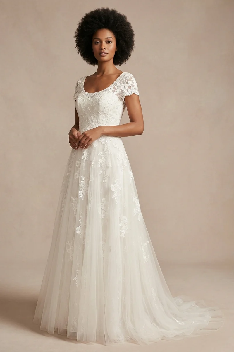 Modest Lace Short Sleeve Wedding Dress - 1