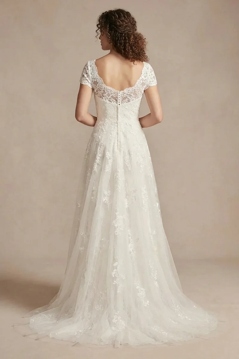 Modest Lace Short Sleeve Wedding Dress - 2