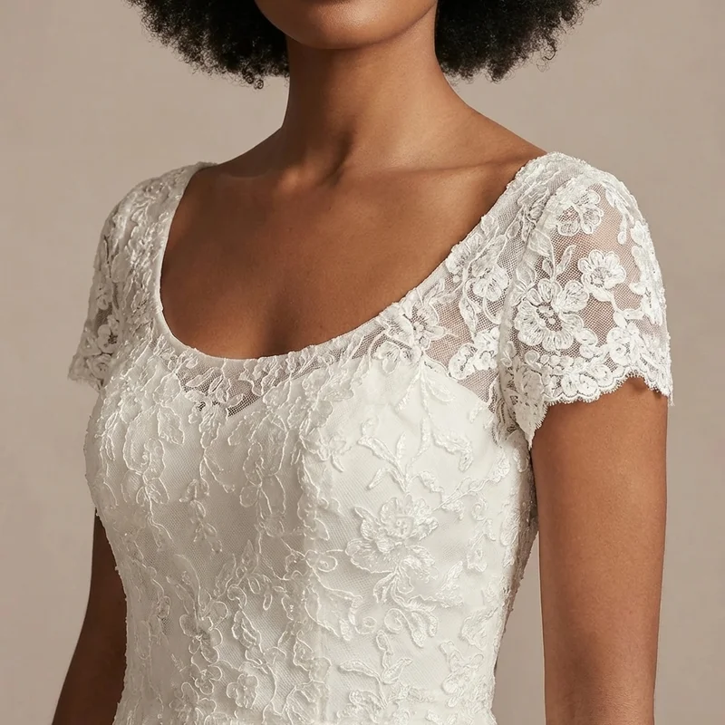 Modest Lace Short Sleeve Wedding Dress - 3