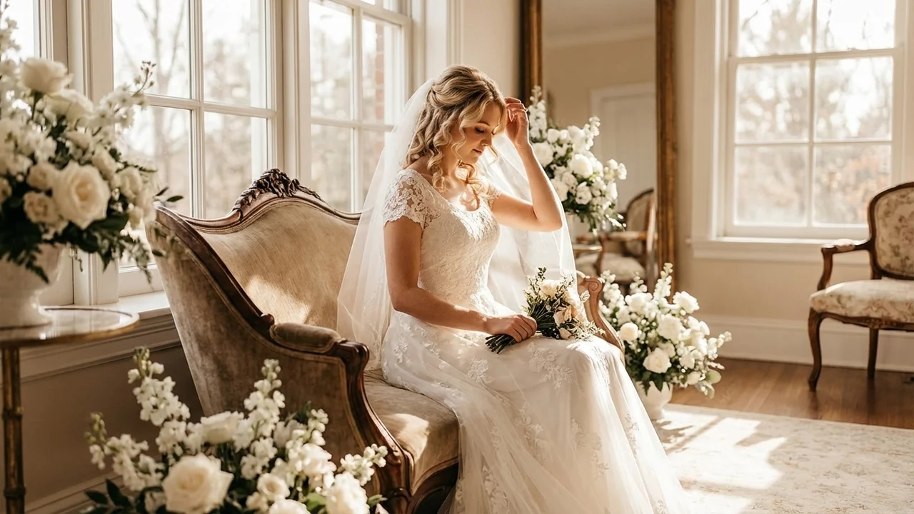 Modest Lace Short Sleeve Wedding Dress - 5