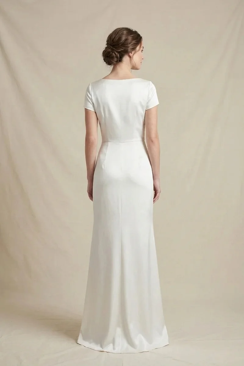 Minimalist Satin Short Sleeve Wedding Dress - 2