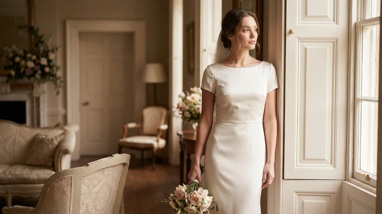 Minimalist Satin Short Sleeve Wedding Dress - 5