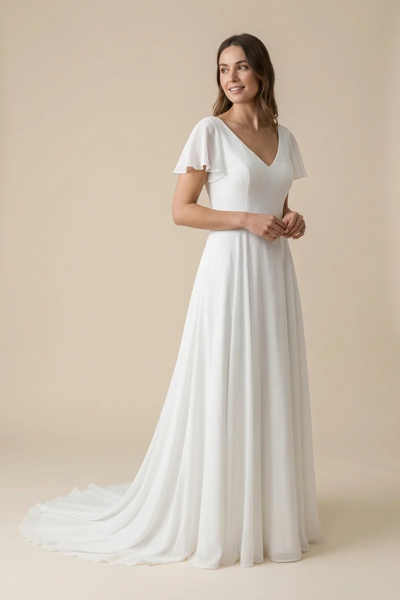 Breezy Chiffon Short Sleeve Beach Wedding Dress - 1