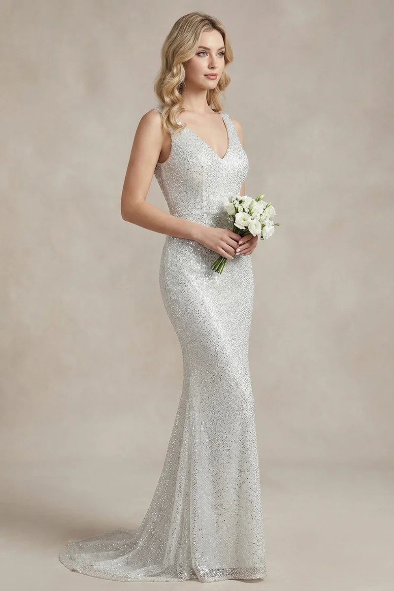 Mila Sequin V-Neck Sheath Wedding Dress - 1