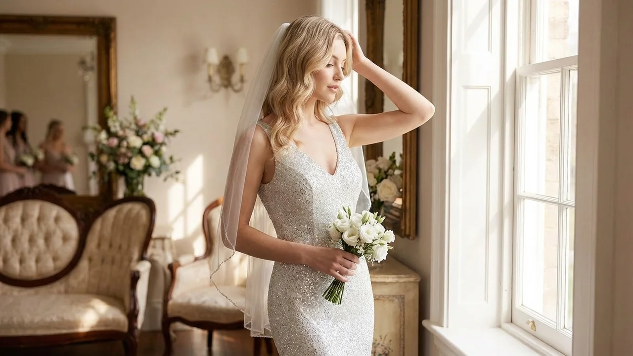 Mila Sequin V-Neck Sheath Wedding Dress - 5