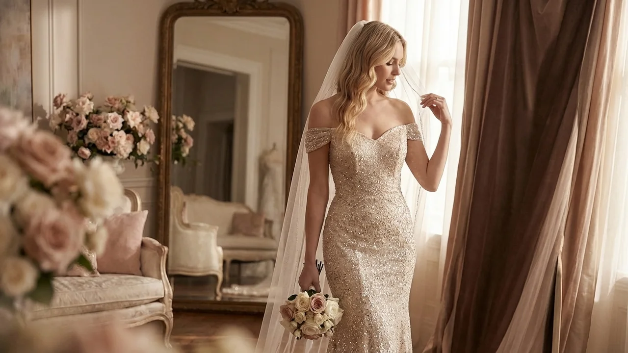 Noelle Sequin Off-Shoulder Mermaid Wedding Dress - 5