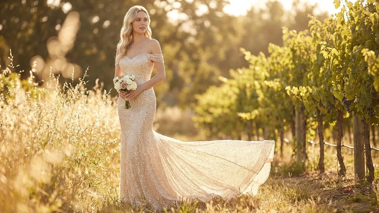 Noelle Sequin Off-Shoulder Mermaid Wedding Dress - 6