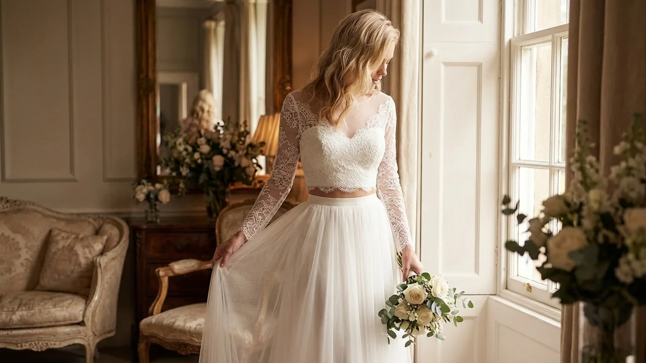 Aria Lace Crop Top & Tulle Skirt Two Piece Wedding Dress - 5