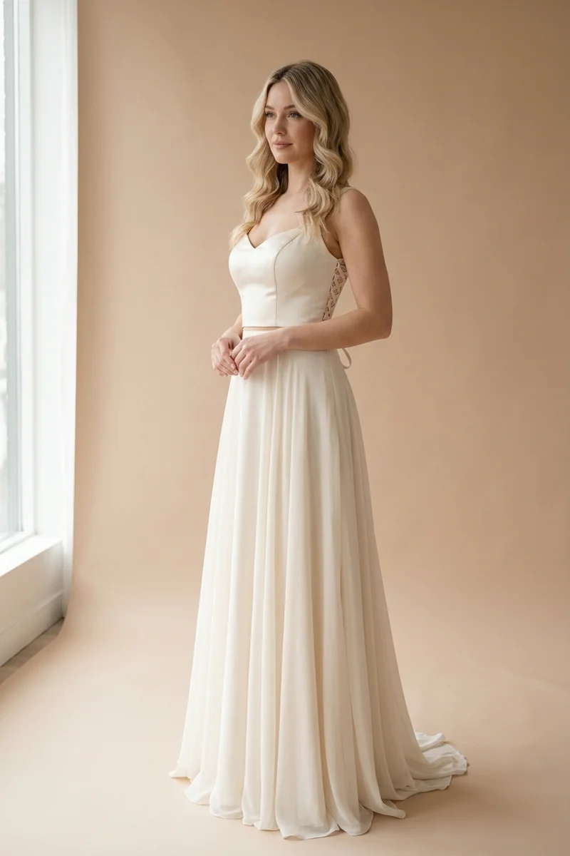 Bella Satin Bodice & Chiffon Skirt Two Piece Wedding Dress - 1