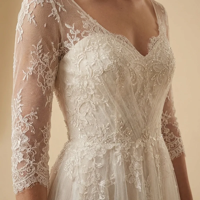 Romantic Lace A-Line Gown with 3/4 Sleeves - 3