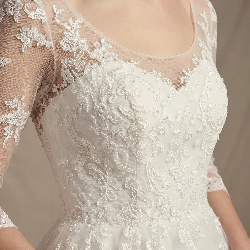 Elegant Tulle Wedding Dress with Applique 3/4 Sleeves - 3