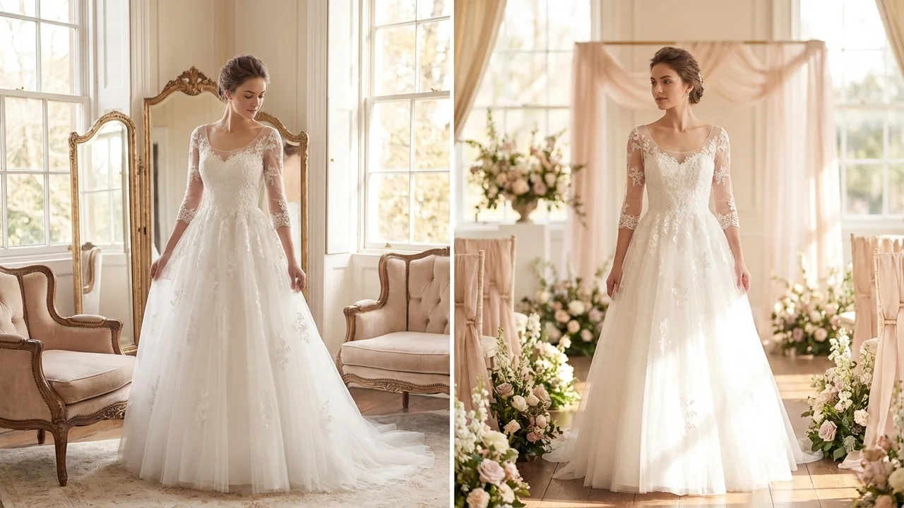Elegant Tulle Wedding Dress with Applique 3/4 Sleeves - 5