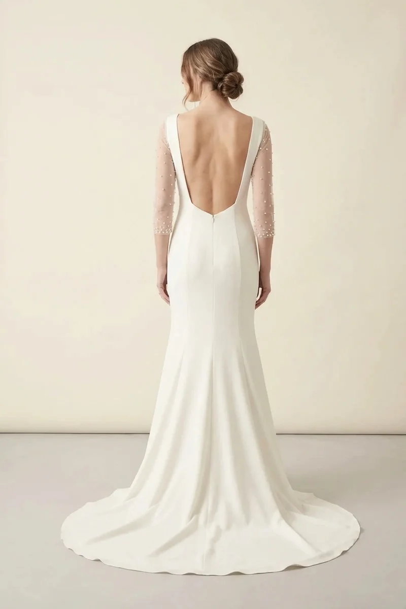 Modern Crepe Gown with Sheer 3/4 Sleeves - 2