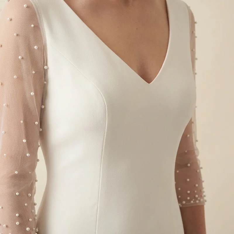 Modern Crepe Gown with Sheer 3/4 Sleeves - 3