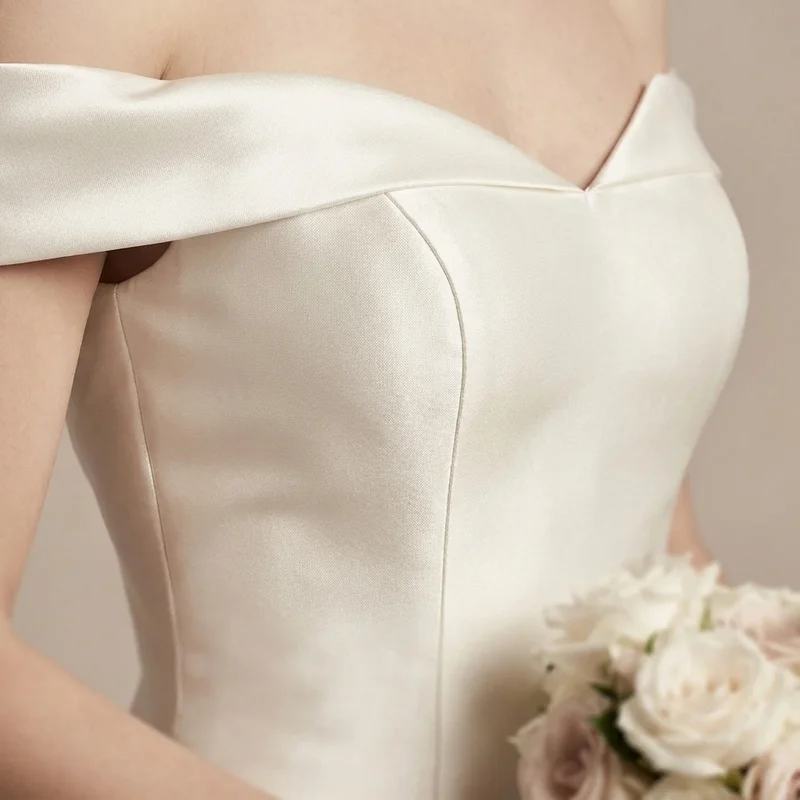 Satin Trumpet Bridal Gown with Off-Shoulder Sleeves - 3