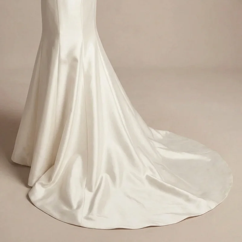 Satin Trumpet Bridal Gown with Off-Shoulder Sleeves - 4