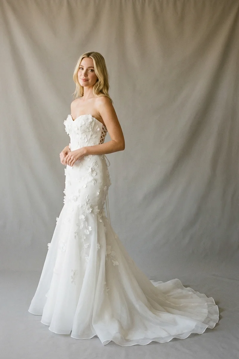 Trumpet Organza Wedding Dress with Floral Applique - 1