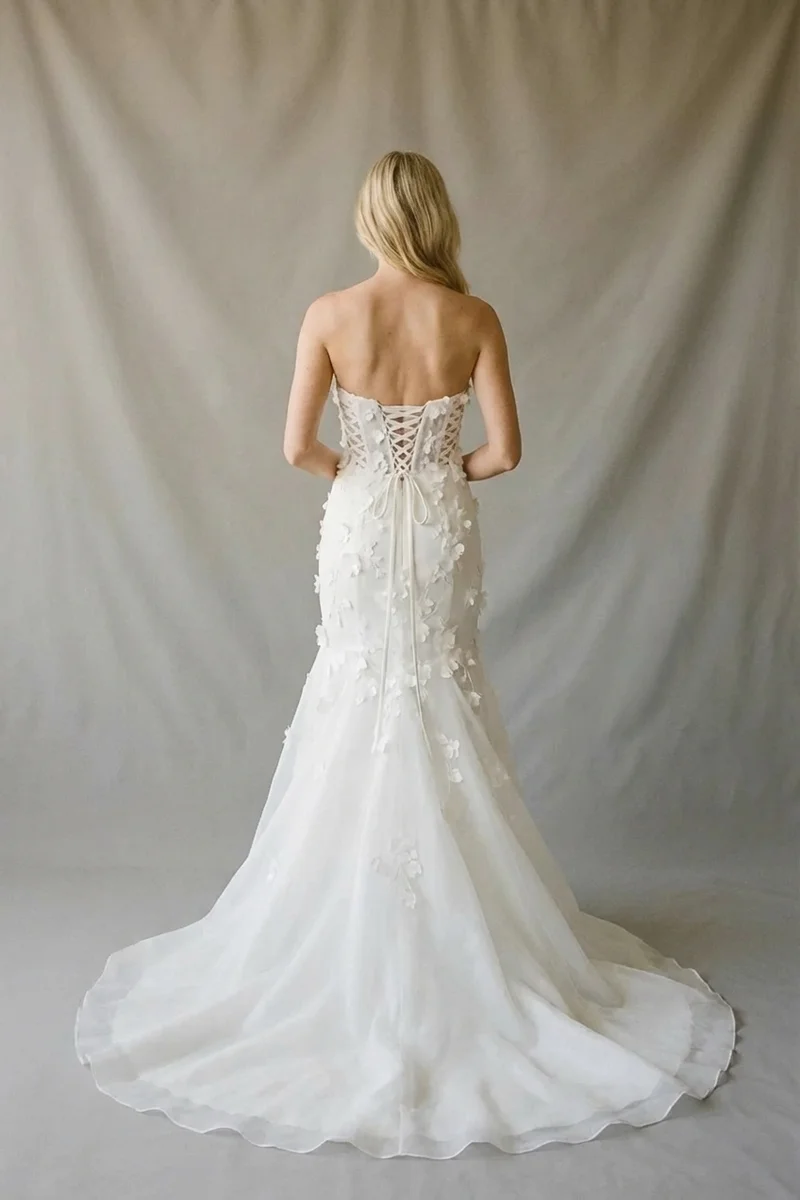 Trumpet Organza Wedding Dress with Floral Applique - 2