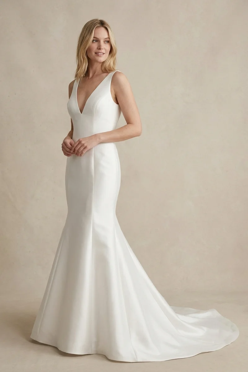Sleek Satin V-Neck Mermaid Wedding Dress - 1