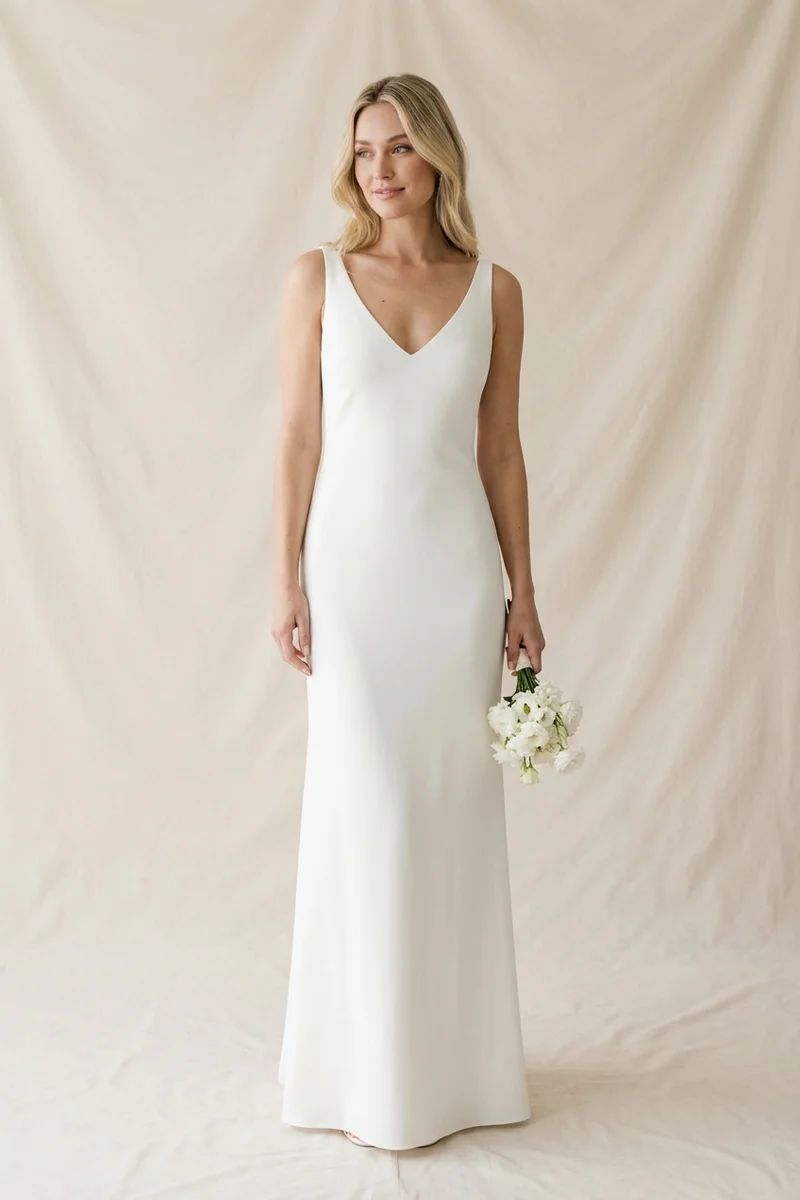 Simple White Crepe Slip Wedding Dress - 1
