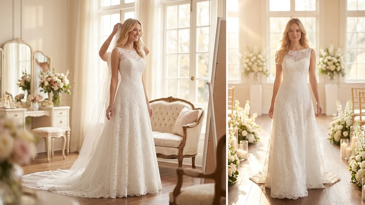 Classic White Lace A-Line Wedding Gown - 5